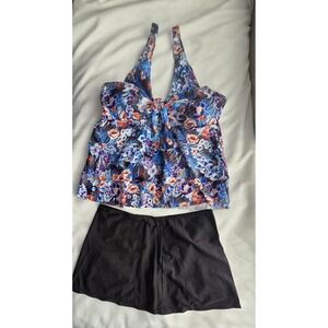 Cupshe Floral Tiered Tankini Top with Swim Skirt Bikini Bottom 3 Piece Set XXL